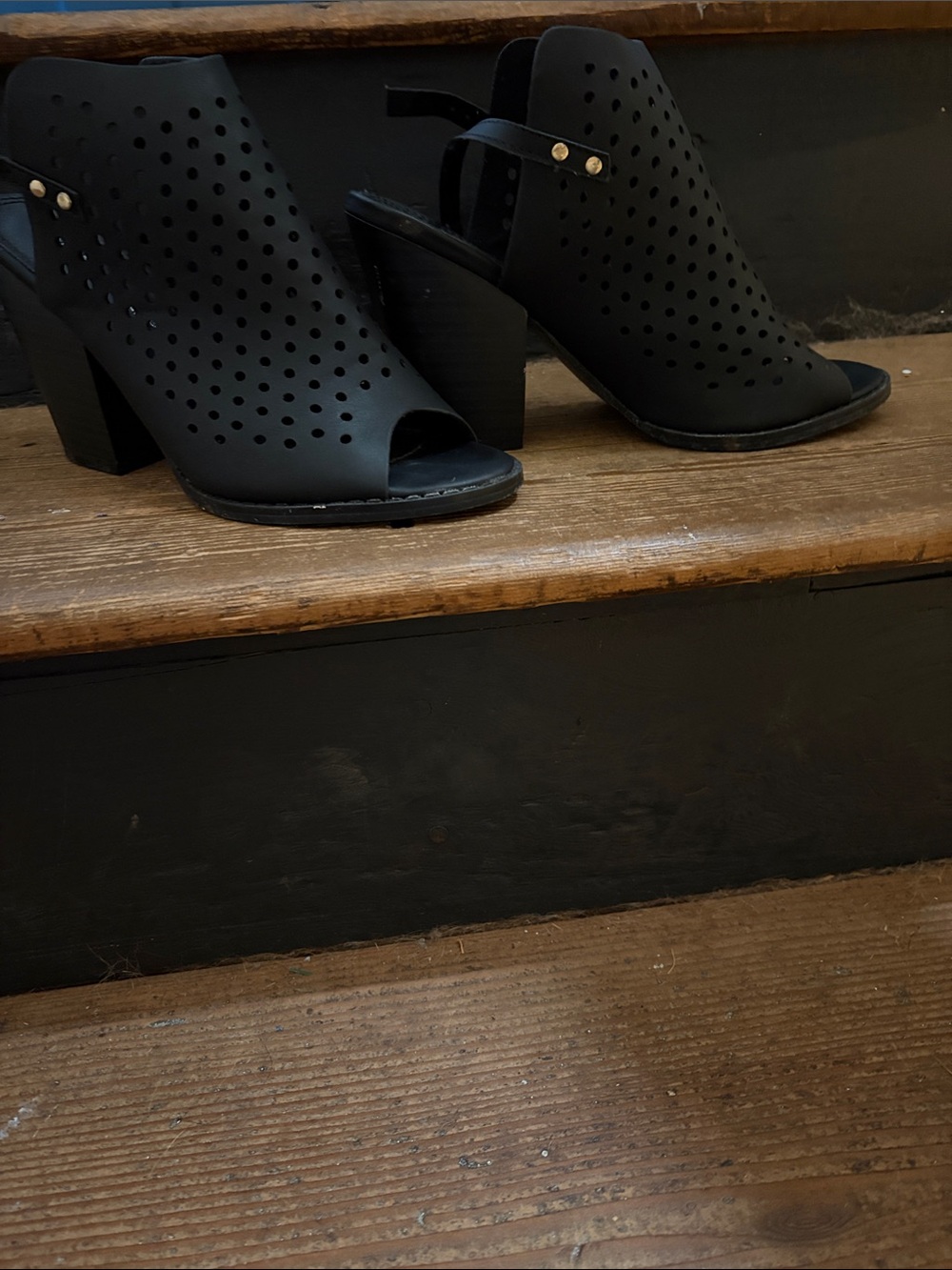 Nature Breeze Black Perforated Peep-Toe Block Heel Mules